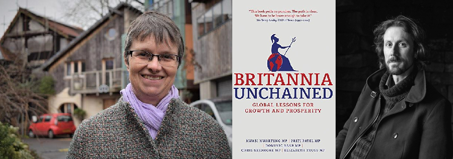 Composite image of Molly Scott Cato, the cover of Britannia Unchained, and Paul Kingsnorth