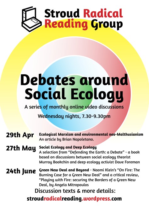 Poster with concentric circles in different colours, "Debates around Social Ecology" title, and details contained in webpage text